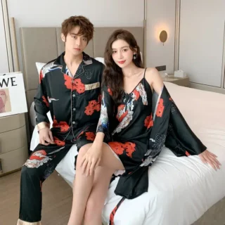 Pyjama Japonais en Satin Noir pour Couple