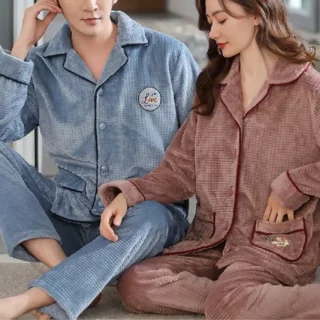 Pyjama en Flanelle Bleu et Rose pour Couple